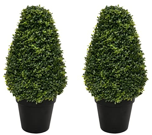 GreenBrokers 2 x Artificial Premium Quality Topiary Boxwood Cone Shaped Plants in Black Pots for Indoor Outdoor Decor, UV Stable (20in/70cm)