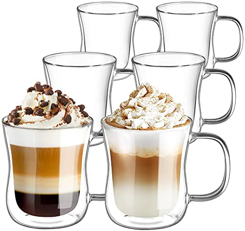 ecooe Doppelwandige Latte Macchiato Gläser Set Borosilikatglas Kaffeetassen Glas 6er Set 350ml Kaffeeglas Teegläser mit Henkel für Cappuccino,Latte Macchiato,Tee,EIS,Milch,Bier