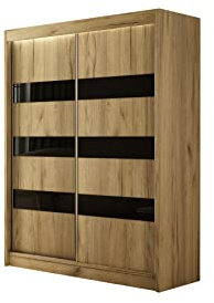 ALTDECOR Kleiderschrank mit Lacobel-Schiebetüren, kugelgelagerte Führungsschienen und Aluminium- Leisten, LED-Beleuchtung (16 Farben) und Fernbedienung -SOLTI- 150x215x61cm Eiche Craft/Lacobel Schwarz