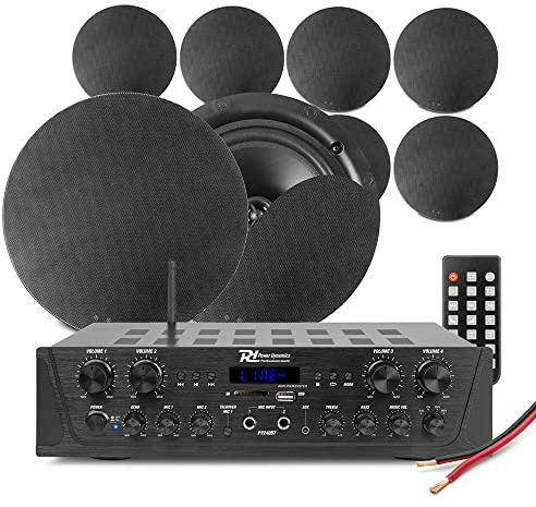Power Dynamics PV240BT Multi Room Ceiling Speaker System with Amplifier, Bluetooth Connectivity & 8x NCSS5B 2-Way Black Speakers - Home Audio Kit