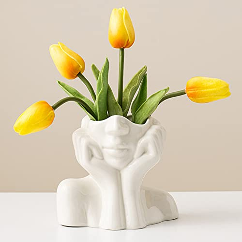 Wadiy Ceramic Face Vase, White Flower Vases for Decor Female Form Head Half Body Vase Boho Unique Decorative Modern Style for Home Living Room Office Book Shelf (Medium)