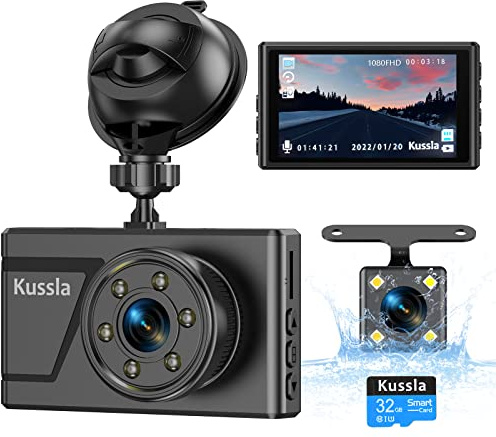 Kussla Dashcam Auto Vorne Hinten 1080P Dual Dash Cam mit 32GB SD-Karte, 3 Zoll IPS Bildschirm Autokamera, Dash Camera Auto mit Nachtsicht,170° Weitwinkel, G-Sensor, Loop-Aufnahme, WDR, Parküberwachung