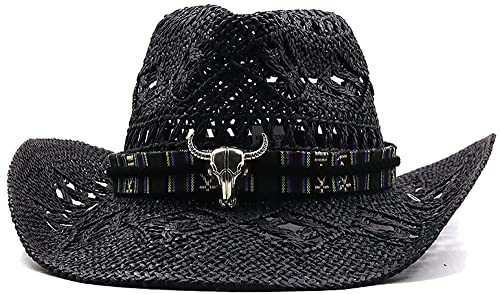 Western-Cowboy-Strohhut, Vintage, Strand, für Herren und Damen, gewebter Strohhut mit breiter Krempe, Cowgirl-Hut, Schwarz , Einheitsgröße