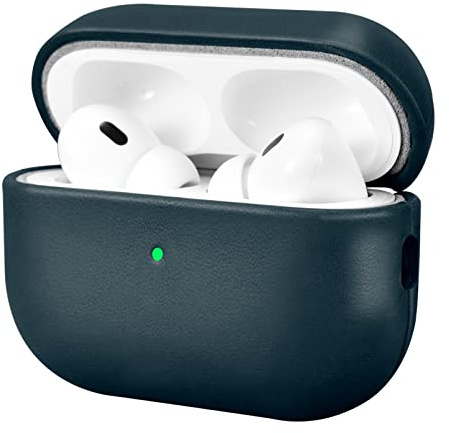 Leder Hülle für AirPods Pro 2 2022, ICARERFAMILY Premium Echtleder Stoßfeste Schutzhülle für Apple AirPods Pro 2 Kopfhörer Leder Case (LED sichtbar) Unterstützung Wireless Ladegerät-Blau
