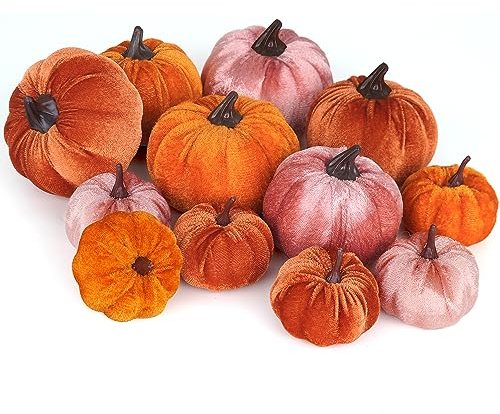 Miaikoe 12 Pcs Künstliche Kürbisse Verschiedene Größen Gefälschte Stoff Ernte Kürbis Set Orange Braun Khaki Schaum Kürbis für Herbst Herbst Thanksgiving Halloween Dekoration