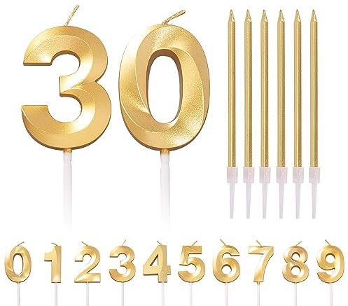 HONGCI Gold 30th Birthday Number 30 Candles for Cake, 8pcs (2x Number 30 + 6x Long Stick) - Odourless, Non-Toxic, Biodegradable Wax, Suitable for All Occasions
