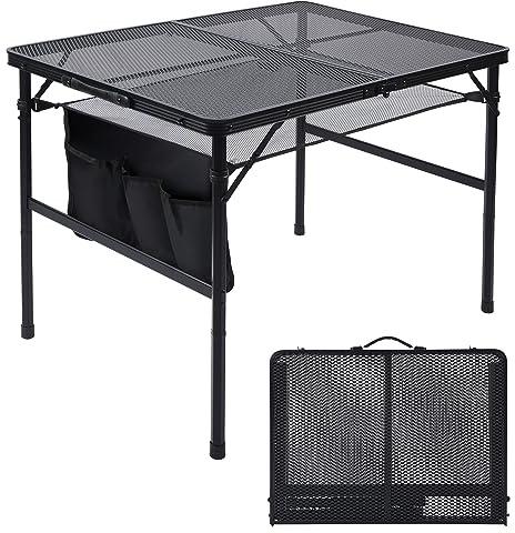 JOUYEK Mesa de parrilla plegable, mesa de camping portátil de 3 x 2 pies, mesa de metal ligera de altura ajustable con escritorio de malla y bolsa de malla, mesa al aire libre para camping, picnic,