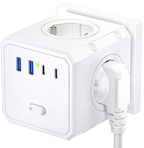 BURNNOVE Multipresa Elettrica Cubo 4000W, 8 in 1 Presa USB da Parete con 2 Porta USB C, 2 Tipo A , 4 Schuko Prese AC, con Interruttore per Casa, Ufficio, Viaggi, Bianco