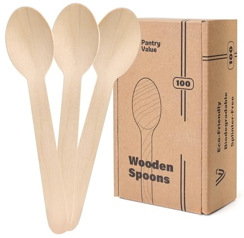 Pantry Value [100 Count] Wooden Spoons Disposable, Splinter-free Biodegradable Spoons, Eco-friendly, Compostable Utensils for Outdoors, Parties, and events