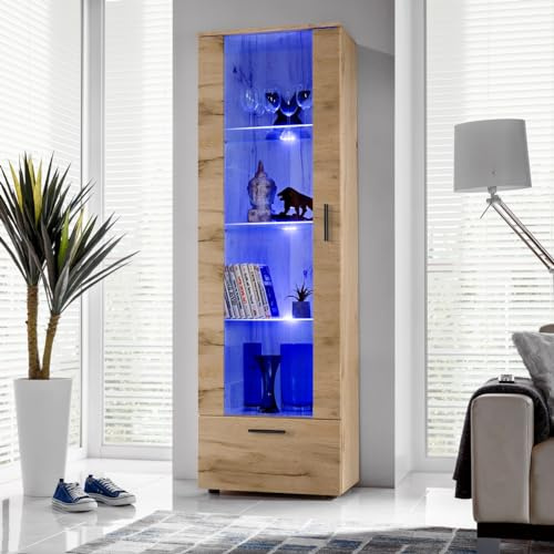 Komodee, Vitrine Schrank Alessandria, Wotan/Wotan, Breite 60cm x Höhe 192cm x Tiefe 42cm, LED Blau, 3 Glasböden, 1 Regal aus laminierter Platte, für Wohnzimmer, Schlafzimmer