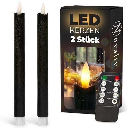 Stabkerzen LED mit Timer SCHWARZ 2er indoor mit Timer Funktion 6 Stunden ECHTWACHS 23cm Höhe für Kerzen 2,2cm Durchmesser 2 AAA Batterien notwendig LED Stabkerzen flackernde Flamme bewegliche Flamme