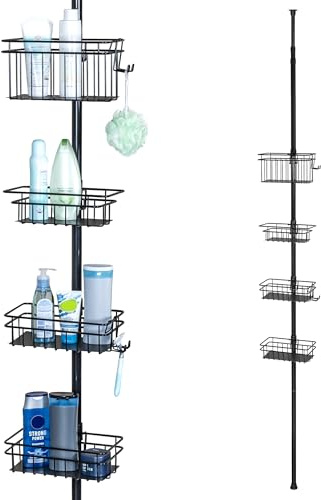 bremermann Teleskop-badrumshylla, 4 korgar, 2 krokar, teleskopstång upp till max. ca 290 cm, höjdjusterbar duschhylla, klämhylla utan borrning (svart)