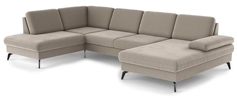 Cavadore Wohnlandschaft Moritz / Sofalandschaft mit Longchair im trendigen Design, Sitztiefenverstellung und mattschwarzen Metallfüßen / 212 x 82 x 335 / Mikrofaser, Perlbeige