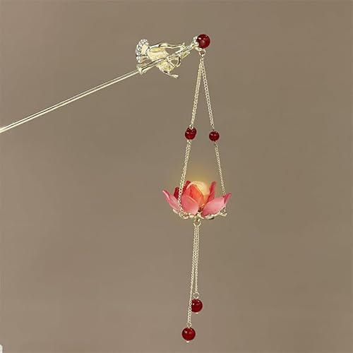 Magicaldiy Retro Lotus Flower Tassel Lantern Hair Stick Hairpin, Chinese Hanfu Style Handmade Hair Chopstick Hair Accessories (Red)