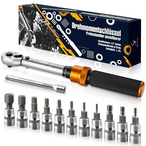 13PCS Bike Torque Wrench Set 3-25 Nm, Small Torque Wrench 1/4 Drive, Dual-Direction Adjustable 72 Teeth, ±3% Accuracy, with Extension Bar, Socket Bits (Hex & Torx), for Mountain Bike, Bicycle Repair
