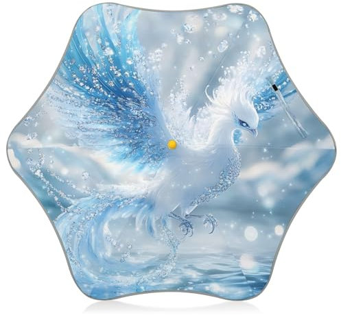 CHIFIGNO Kinder-Regenschirm für Jungen und Mädchen, mit abgerundeten Ecken, weiße Phoenix-blaue Federn, winddichter Regenschirm für Regen mit reflektierendem Streifen, kneifenfrei, offener