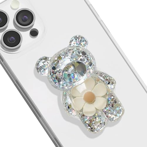 TTPSRY Soporte Movil Lentejuelas de Flor de Oso Retráctil Multifuncional Creativo y Bonito Agarre Antideslizante para Móvil Soporte de Escritorio