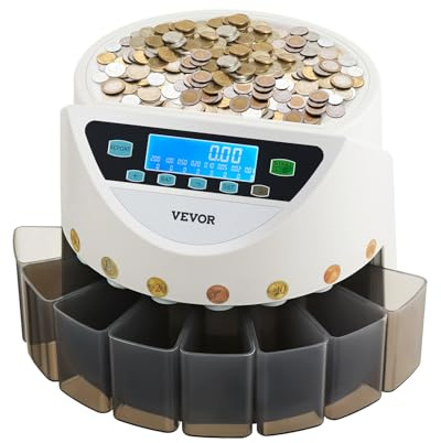 VEVOR Euro-Münzsortierer, Münzzählmaschine für 8 Arten von Euro-Münzen, Münzzählautomat für bis zu 850 Münzen, großes LCD-Display, Münzaufbewahrung inkl. 5 Münzröhren & 8 Münzboxen