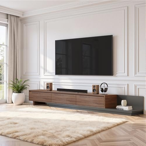 LineCrispton Extendable TV Unit with Storage - Modern TV Stand Cabinet Accommodating Televisions from 65 to 85, Media Unit for Living Room in Walnut (Adjustable Length: 200-330cm)