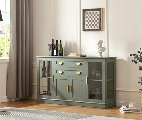 FOREST GRAVITY 58.27'' Buffet Cabinet with 2 Drawers,LED and Adjustable Shelves,Large Glass Door Coffee Bar Cabinet with Storage,Modern Farmhouse Sideboard Credenza for Kitchen,Green