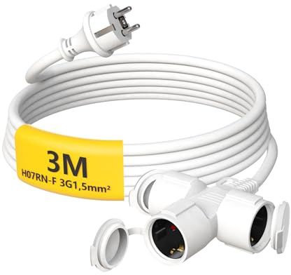 HUARUI Verlängerungskabel Outdoor 3m mit 3 Schuko-Steckdosen, Gummi Verlängerung 3500W mit Schutzkappe für den Außenbereich IP44, Stromkabel H07RN-F 3G1,5mm², 3-Fach Verteiler, 16A/250V, Weiß