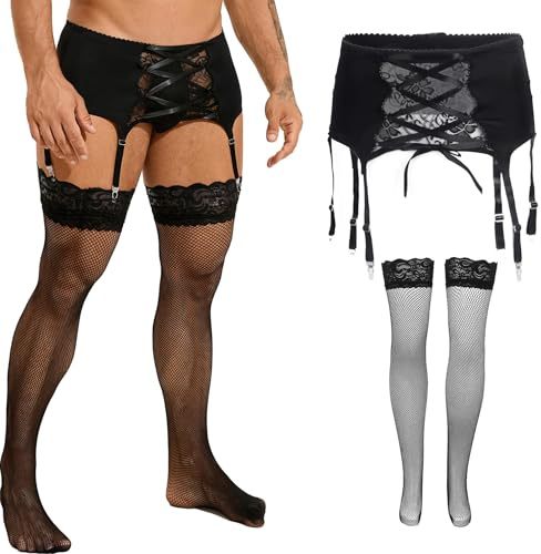 ohyeahlady Strumpeband och strumpor set för män med 6 justerbara klämmor plus storlek kurviga underkläder string jackstrap suspension trosor andningsbara stretch stringtrosa underkläder full storlek
