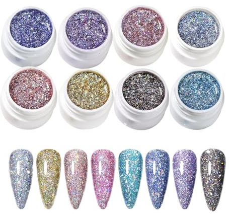TocaFeank Esmalte De Uñas Gel Con Purpurina - Gel Para Manicura Con Efecto Brillante,Conjunto De 8 Esmaltes Con Purpurina Para Mujeres Y Niñas Para Uso En Casa Y En Salón De Uñas Para Manicura Y