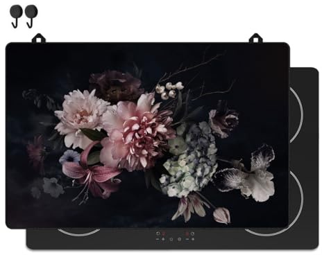 KitchyMist Protège Plaque Induction Fleurs Vintage - 80x52 cm - Déco cuisine - Protection pour plan de travail - Cuisson protégée - Fond de hotte de cuisine