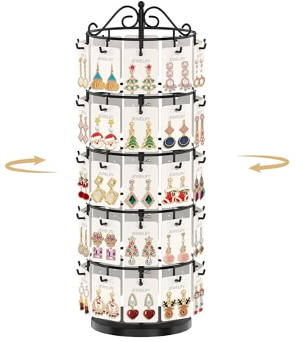 MODOWEY Earring Card Display Stand for Vendors, 50 Hooks Metal Rotating Organizer Rack Holder, 5 Tier Adjustable Jewelry Tree for Stud Pierced Dangle Selling, Boost Sales Compact Earing Hanger, Black