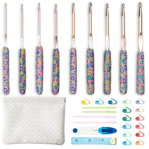 Ruidi Häkelnadel Set, 9 ergonomische Häkelnadel (2,5–6,5 mm), Häkelset für Anfänger, Komplettes Häkelset mit Häkeltasche & Zubehör, Häkelnadeln ideal für Arthrose & schwitzige Hände