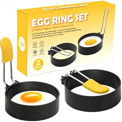 Egg Ring 2-Pack Stainless Steel Egg Rings with Anti-Scald Folding Handle Non Stick Coating Suitable for Egg Frying,Shaping,Pancakes,Mini Burger (2 Pcs)