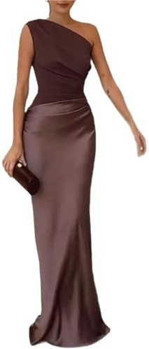 EDQPLL Women Sleeveless Evening Dress,Patchwork Sexy Maxi Dress,One Shoulder Sleeveless Party Dresses(Brown,M)