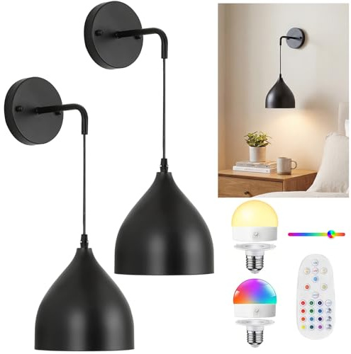 MeoYlaery Battery Operated wall Lights Indoor,Wireless wall sconces with Remote Control,Rechargeable ModernWall Lights Dimmable,Cordless Black wall lamp for Bedroom Living Room Hallways Stairwells