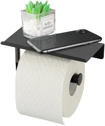 Portarrollos de Papel Higiénico de Hierro con Ganchos y Estante, Soporte Papel Higienico para Rollos de Papel con Tornillos Fijos, Porta Rollo con Repisa para Teléfono Móvil y Accesorios (Negro)