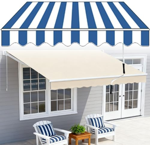Tenda da Sole con Braccio Articolato Manuale, Tenda da Sole per Terrazze, con Manovella e Supporto a Parete, per Balcone o Padiglione da Giardino BlueAndWhiteStripes-5x1.5m