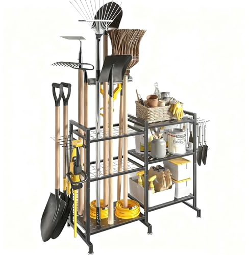 GQTYBZ 6 Stöckiges Metall Gartenwerkzeug Halter mit Haken, Schwerlast Gartengerätehalter mit verstellbaren Füßen, Kohlenstoffstahl Halterung für Schaufel für Schuppen, Garage, Hof, Garten