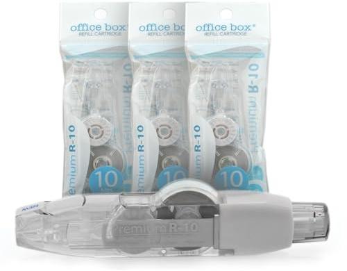 office box Corrector en Cinta Premium R10 Recargable – 10 m x 4,2 mm – Retráctil, Escritura Inmediata, Invisible en Fotocopias – Value Pack 1 Corrector + 3 Recambios = 40 m de cinta. (Pack 3+ Blanco)