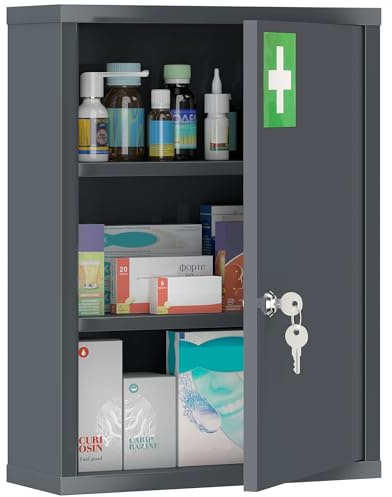 kleankin Medizinschrank mit 3 Fächer Abschließbar 40x15x53,5 cm Kohlegrau | Apothekerschrank, Medikamentenschrank, Erste Hilfe Schrank mit 2 Schlüsseln, Stahl