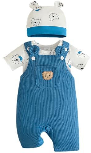 Eqenkely Baby Boy Clothes Newborn Striped Romper T-Shirt with Bear Suspender Overall Shorts Cute Hat 3Pcs Set Summer Outfits 0-18 Months