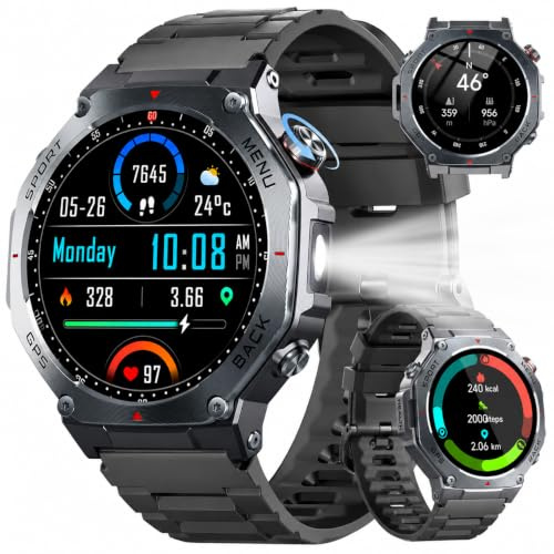 Smartwatch Herren GPS, 2026 Militär Fitnessuhr Sportuhr, 1.43''Fitness Tracker Smart Watch mit 24/7 Herzfrequenz/Schlafmonitor/Schrittzähler, 5ATM Wasserdicht, 170+ Sportmodi Outdoor für iOS Android