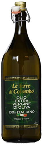 Le Terre di Colombo Bouteille d'Huile d'Olive Extra-Vierge 100% Italienne avec Bouchon Mécanique Bouteille Nervurée, 2 L