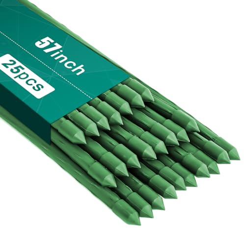 FEED GARDEN Garden Stakes 57 Inch 25 Pack,Sturdy Plant Metal Sticks Support,Plastic Coated Plant Stakes,Tomato Stakes,Beans,Trees