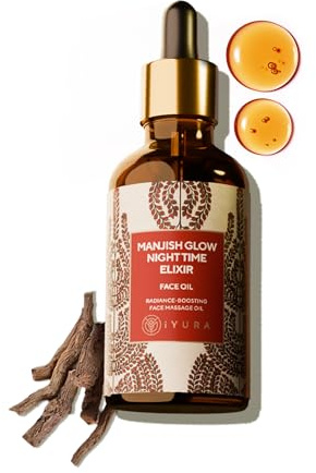 iYURA Manjish Glow Night Time Face Elixir | Aceite Facial Hidratante | Para una Piel de Aspecto Luminoso y Uniforme | Con Manjistha y Limón | 30 ml
