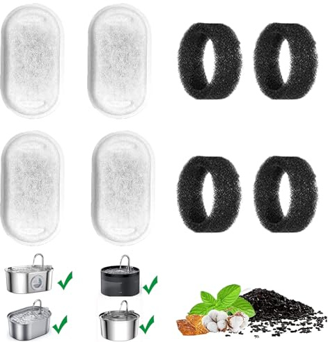 Berein Ersatzfilter für Trinkbrunnen Edelstahl Schaumfilter + Aktivkohlefilter Trinkbrunnen für Katze Katzenbrunnen Kohlefilter (8 Stück)