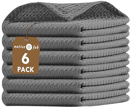 Native Fab Set of 6 Kitchen Dish Cloths Cotton 12x12 Absorbent Washable, Dish Towels, Restaurant Cleaning Towels, Bar Mops Towels, Rags for Home Kitchen Bars, Grey