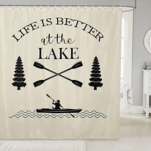 Lake House Stoff-Duschvorhang für Jungen, Bauernhaus-Paddel, Boot, Duschvorhang, 182,9 cm B x 198,1 cm L, Lakehouse, rustikaler Badvorhang, Seehaus-Dekor für Zuhause, Angelboot, wasserdichter
