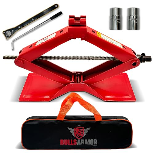BullsArmor Scherenwagenheber-Set, 2 Tonnen (2 kg), extra breite Basis, universelles Auto-Werkzeugset mit Ratsche und Radschlüssel, All-in-One tragbarer Notfallkoffer für Fahrzeugheber und
