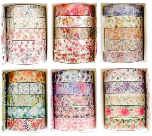 YUBX 30 rullar blommor washi tape set kreativ basic tunna dekorativa band för konst, gör-det-själv-hantverk, bullet journals, planerare, scrapbooking, förpackning (blommor)
