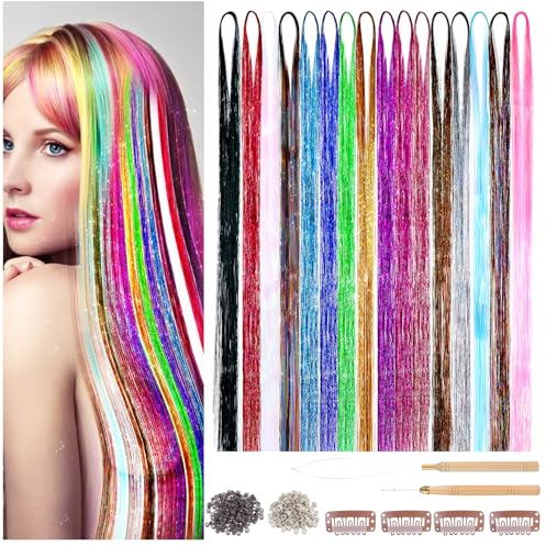 16 Farben Haar Lametta Glitzer Haarsträhnen Weihnachts-Haarschmuck Lametta für Haare 90CM Hair Tinsel 3200 Stränge Hair Extension zum Flechten Haar Lametta für Frauen Kinder Cosplay Party