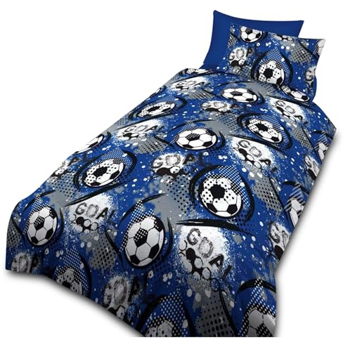 VELVETIO Premium Kids Duvet Cover Set with Pillowcase, Microfiber Girls & Boys Goal Bedding Bedset, Soft Breathable Football Quilt Coverlet Single, Blue